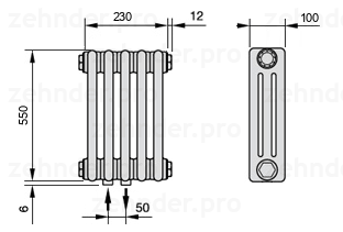 Схема (чертеж) Радиатор Zehnder Charleston 3055/5 №3470 Белый глянцевый RAL 9016